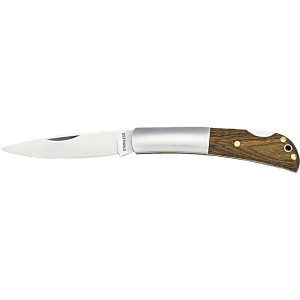 A foldable pocket knife with a stainless steel blade and a wooden handle, featuring a branded logo.