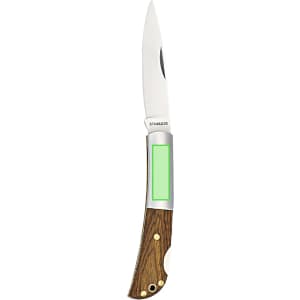 A stainless steel pocket knife with a wooden handle and a blank area for branding.