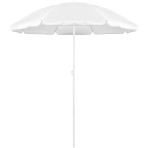 A white beach umbrella with a sturdy pole and multiple segments for shade. It features a logo on the fabric.