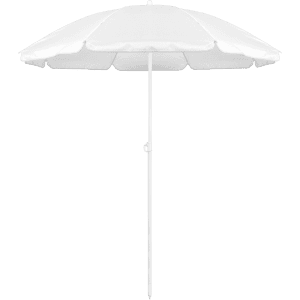 A white beach umbrella with a central pole, featuring a slightly scalloped edge and adjustable height.