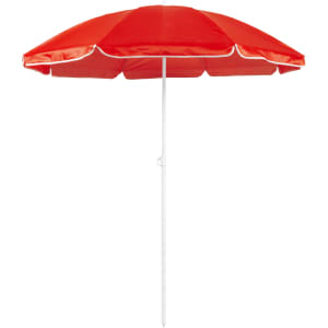 A red beach umbrella with a white pole and trim, designed for leisure and outdoor use.