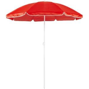 A red beach umbrella with a white pole and trim, featuring an umbrella-like structure for outdoor use.