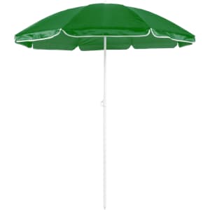 A green beach umbrella features a sturdy white pole and a classic design, ideal for outdoor leisure activities.