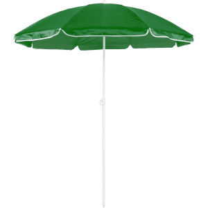 A green beach umbrella with a white pole and trim, designed for leisure and outdoor use.