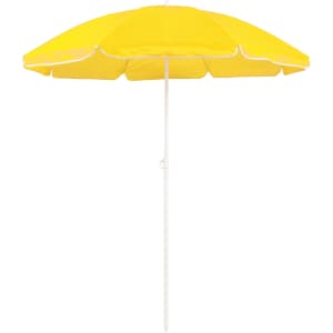 A yellow beach umbrella with a white trim and a white pole, ideal for sun protection.