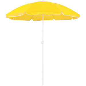 A yellow beach umbrella with a white pole and trim, suitable for outdoor leisure activities.