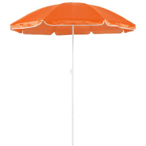 An orange beach umbrella with a white pole and trim, designed for leisure and outdoor use.