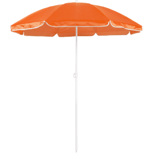 An orange beach umbrella with a white pole and trim, featuring a logo on the fabric.