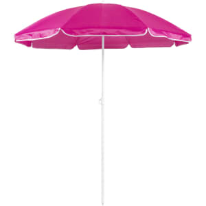 A pink beach umbrella with a white pole, featuring a simple design for outdoor leisure.