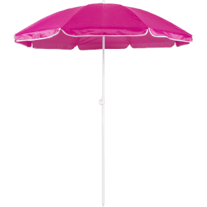 A pink beach umbrella with a white pole, featuring a classic striped design. It includes a logo on the fabric.