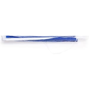 A blue and white beach umbrella stored in protective wrapping, featuring a simple design and a logo.