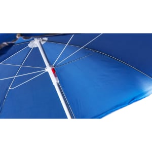 A blue beach umbrella featuring a sturdy frame and a central support pole, with visible ribs and a handle.