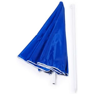 A blue beach umbrella with white trim, displayed partially folded, next to a white pole.