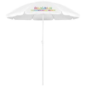 A white beach umbrella with a central pointed pole and a logo at the top. Ideal for outdoor leisure.