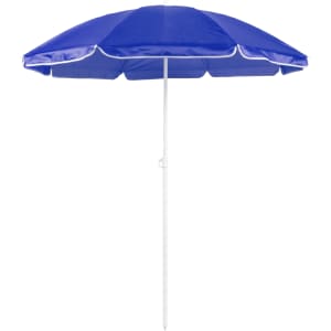 A blue beach umbrella with a white pole, designed for outdoor leisure activities. It features a classic canopy style.
