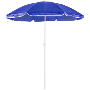 A blue beach umbrella with a white pole and trim, featuring a simple design and a sturdy structure.
