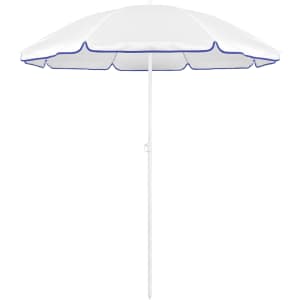 A white beach umbrella with blue trim and a central pole, ideal for outdoor leisure.
