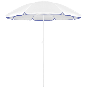 A white beach umbrella with blue trim, featuring a central pole and scalloped edges. It has a logo on the fabric.