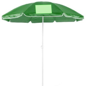 A green beach umbrella with a white trim and a logo, featuring a thick central pole for support.