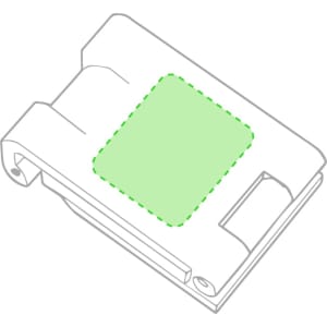 A green and white magnifier with a rectangular lens, featuring a logo on its surface.