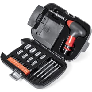 A tool set in a black case, featuring a red handle screwdriver and various interchangeable bits and sockets.