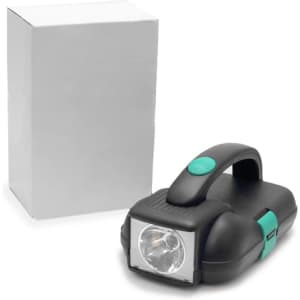 A black and teal portable flashlight beside a plain white box. The flashlight features a handle and a front light.