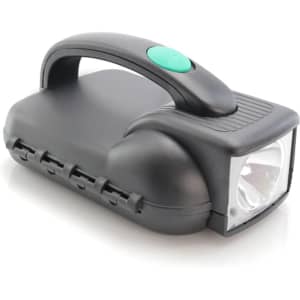 A black handheld lantern with a green button on top and a clear front lens. It features a sturdy handle.