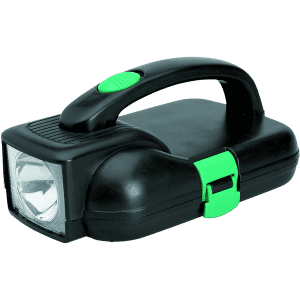 A portable black and green tool case featuring a built-in flashlight with a handle for easy carrying.