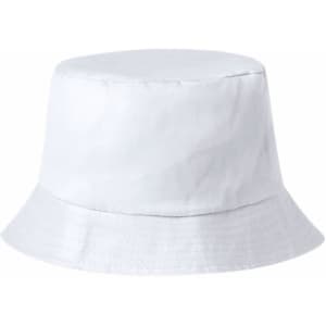 A white bucket hat with a wide brim and a branded logo.