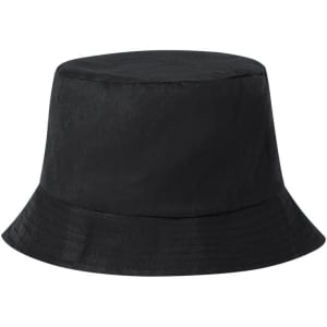 A black bucket hat with a wide brim and a sleek design, featuring a logo on the side.