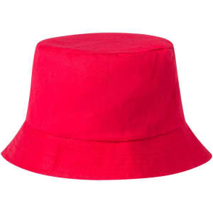 A red bucket hat with a wide brim, featuring a logo on the front.