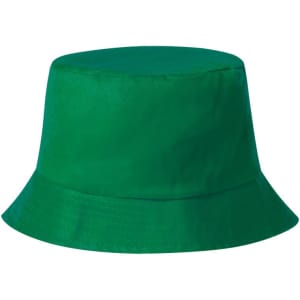 A green bucket hat with a wide brim and a simple design, featuring a logo on the side.