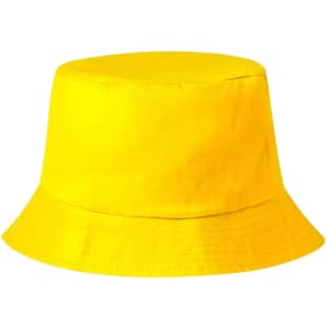 A yellow bucket hat with a wide brim and a simple design. It features a logo on the side.