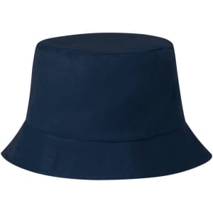 A navy blue bucket hat with a wide brim and a simple design, featuring a logo.
