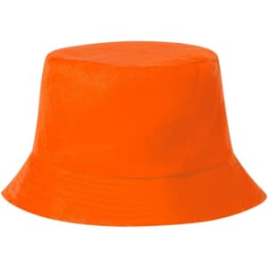 An orange bucket hat with a wide brim, featuring a simple design and a logo on the front.