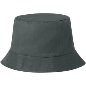 A dark grey bucket hat with a wide brim and a structured top. It has a logo on the side.