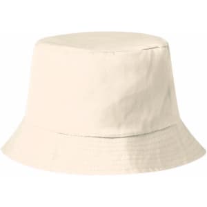 A bucket hat in a soft cream colour, featuring a simple design and a logo. Ideal for casual wear.