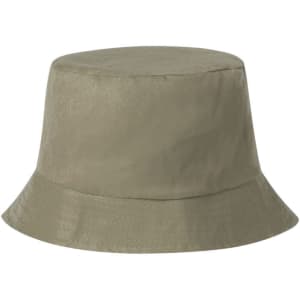 A bucket hat in a muted olive green colour, featuring a simple design and no visible logos.