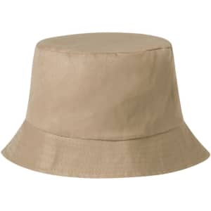 A beige bucket hat with a wide brim and a simple design, featuring a logo on the side.