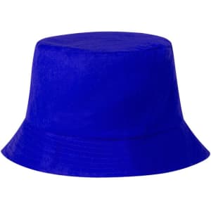 A blue bucket hat with a wide brim, featuring a logo on the side. Designed for casual headwear.