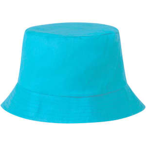 A turquoise bucket hat with a wide brim, featuring a logo on the side.