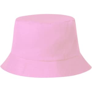 A pink bucket hat with a wide brim and a solid design, featuring a logo on the front.