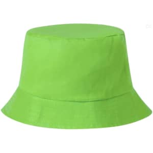 A bright green bucket hat with a wide brim, featuring a branded logo. Suitable for sun protection and casual wear.