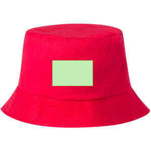 A red bucket hat featuring a blank patch on the front and a wide brim. It has a logo on the side.