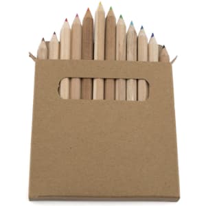 A pencil set in a cardboard case featuring wooden pencils in various colours, topped with pointed tips.
