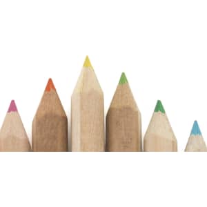 A collection of wooden pencils in vibrant colours, including yellow, green, orange, pink, and blue, lined up in a row.