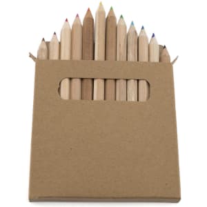 A pencil set featuring assorted wooden pencils in various colours, packaged in a Kraft box with a cut-out handle.