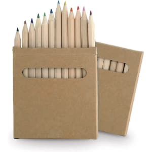 A pencil set featuring various wooden pencils in a natural finish, housed in a simple cardboard box.