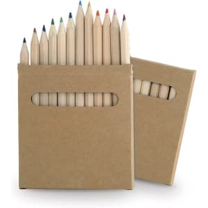 A pencil set featuring multiple wooden pencils in various colours, presented in a cardboard packaging with a handle.