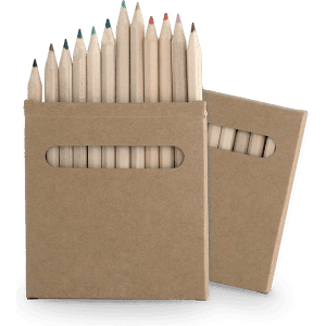 A pencil set featuring wooden pencils in natural shades, packaged in a brown cardboard box.